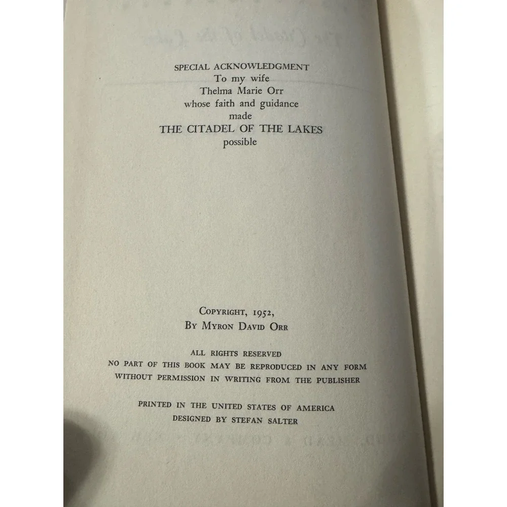 The Citadel of the Lakes,‎ Myron David Orr, Hardcover in Jacket, 1952